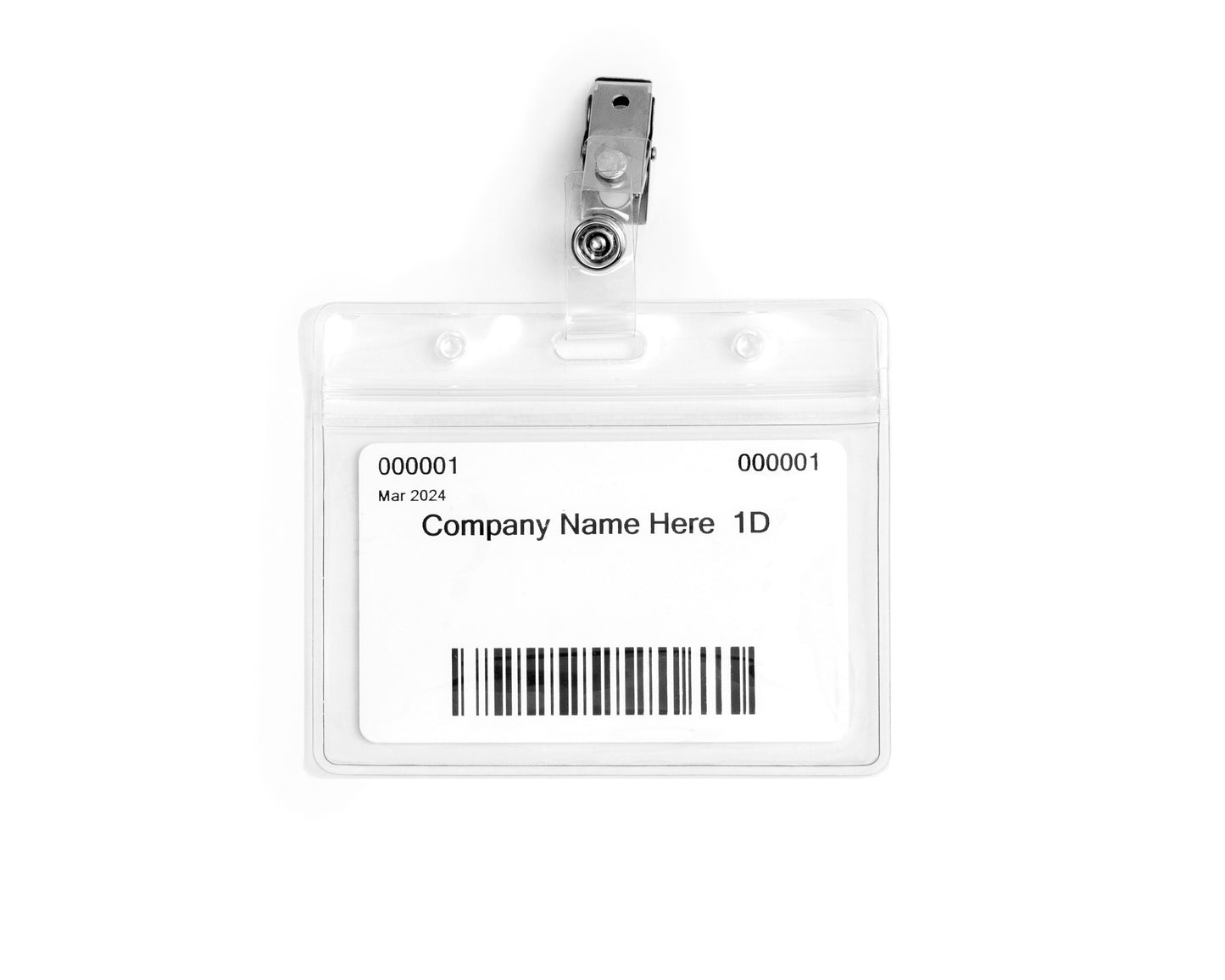 1D Barcode Badge (White) w/Clip & Sleeve