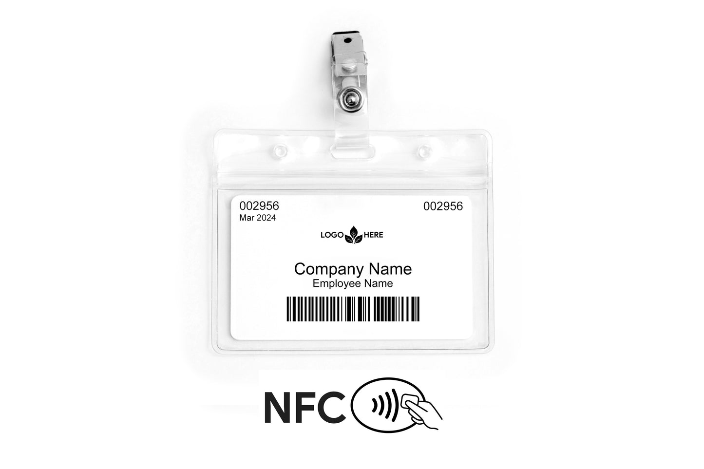 NFC Badge with Barcode: Includes Clip & Sleeve